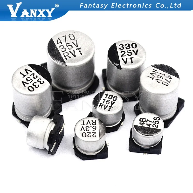 Condensador electrolítico de aluminio SMD, 10 Uds., 10V, 16V, 25V, 35V, 47UF, 50V, 100UF, 220UF, 470UF, 1000UF, 10UF, 22UF, 330UF, 2200UF, 150UF