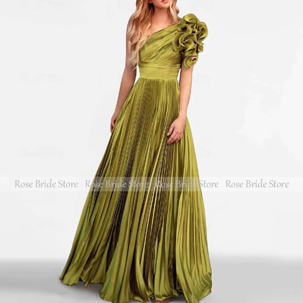 Elegant Special Occasion Dresses Green Satin Ruffles Pleat Ruched A-line One-shoulder Long Dresses Bespoke Occasion Gown