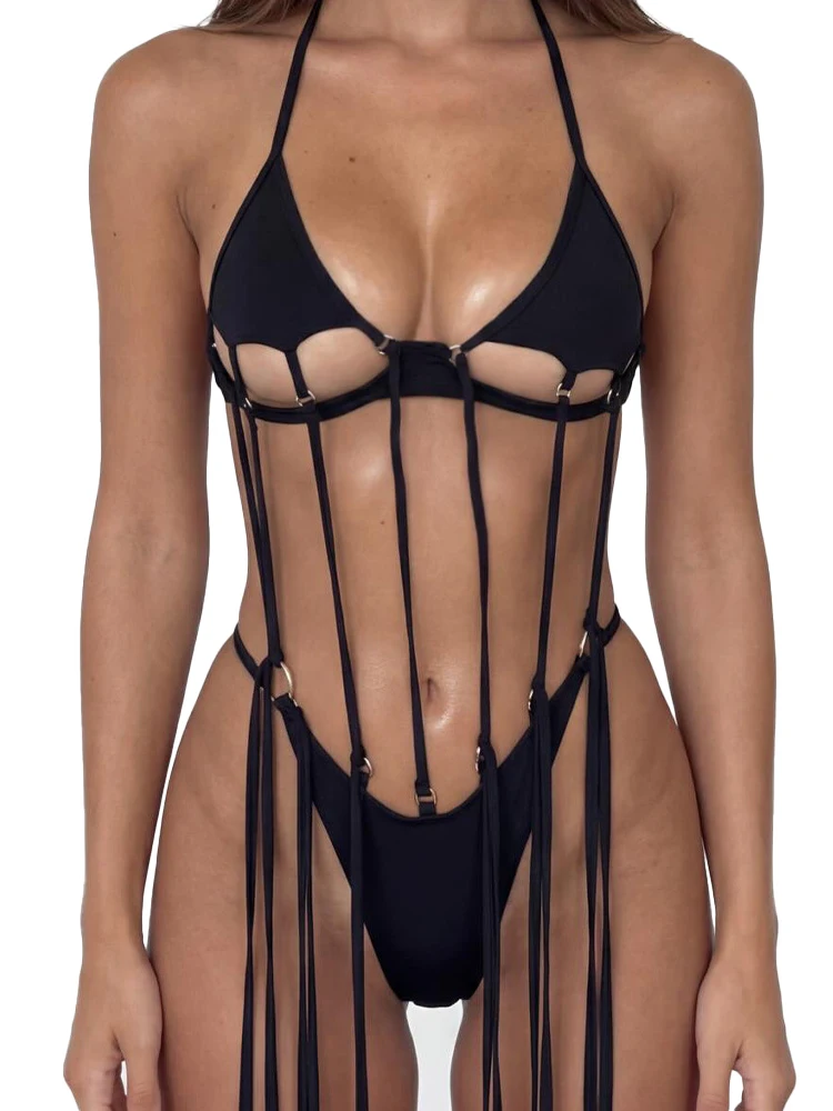 

Women Fashion Hollow Lace-Up Spliced Shaping Bodysuit Halter Tie Open Back Sexy Lingerie Jumpsuit Slim Night Club Party Intimate
