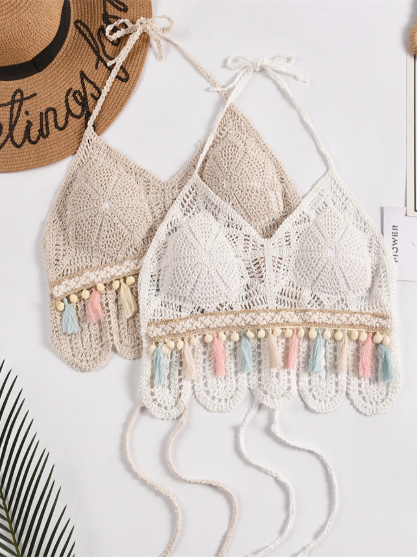 

Summer women's beach swimsuit top, bohemian style embroidered hollow out vacation hanging neck strap bra with coaster bra