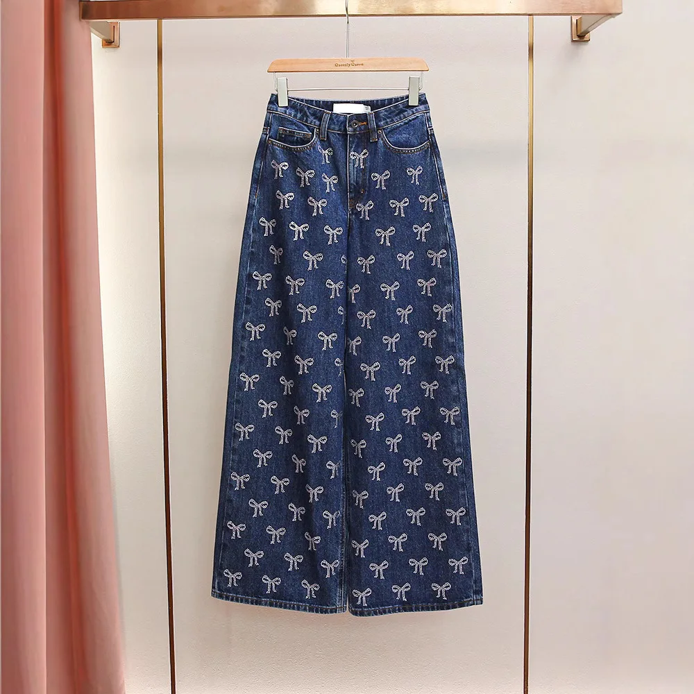 

Fashionable Retro Knot Wide Leg Jeans Women's Casual Versatile High Waist Cotton Denim Pants Autumn Winter New Arrival