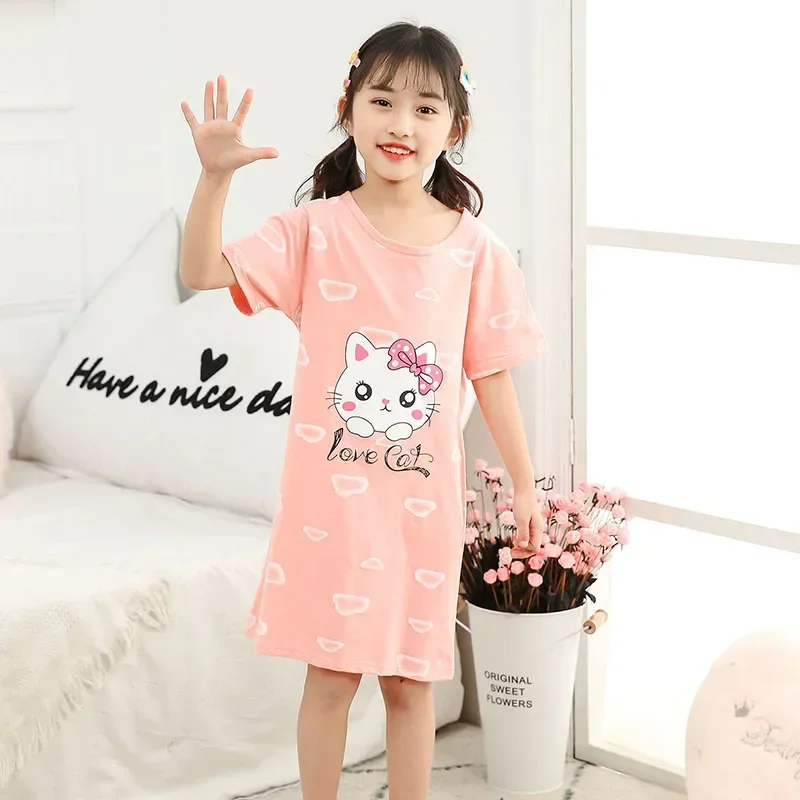 Kids Girls 100% Cotton Nightgown Cartoon Nightdress Girl Sleepwear Nightie Summer Short Sleeves Nightwear Children Clothes