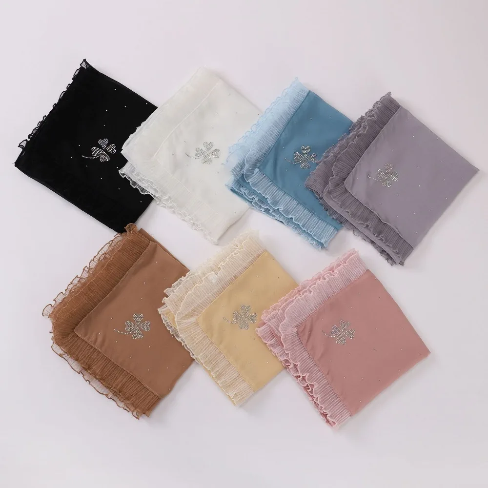 New Four-leaf Clover Pearl Chiffon Square Hijab Hot Diamond Organ Edge Islamic Lace Scarf Africa Head Scarf Headwraps for Women