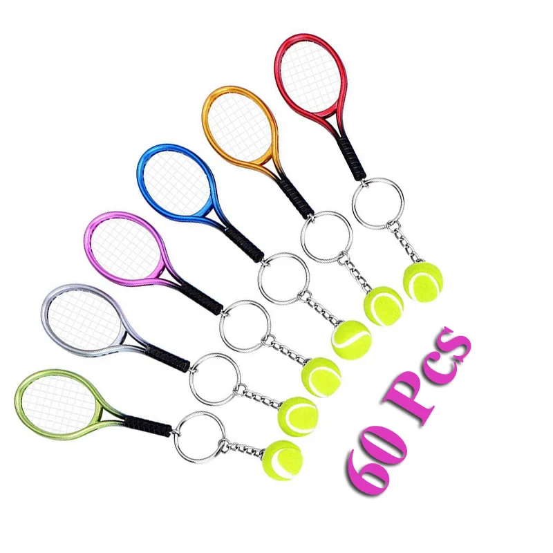 

60Pcs Sports Ball Mini Tennis Racket Keychain Keychains Key Ring Pendant Tennis Gifts for Boys Girls Friends