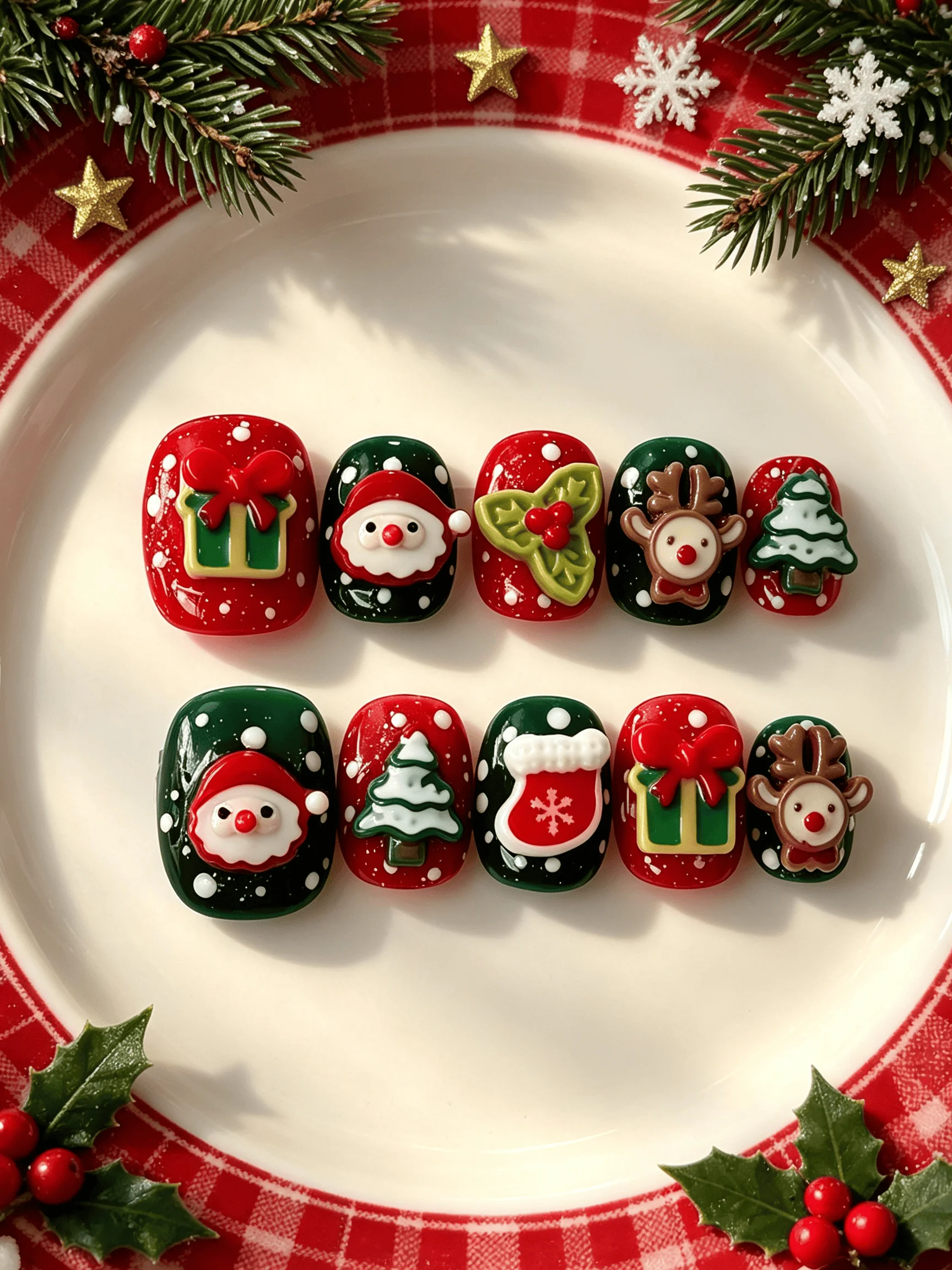 10 Pieces of Handmade Short Square-Round Full-Cover Nail Tips, Short Length, Red and Green Christmas Color Scheme, 3D Cartoon Holiday Style, Suitable for Women and Girls, Ideal for Christmas Parties, End-Of-Year Gather