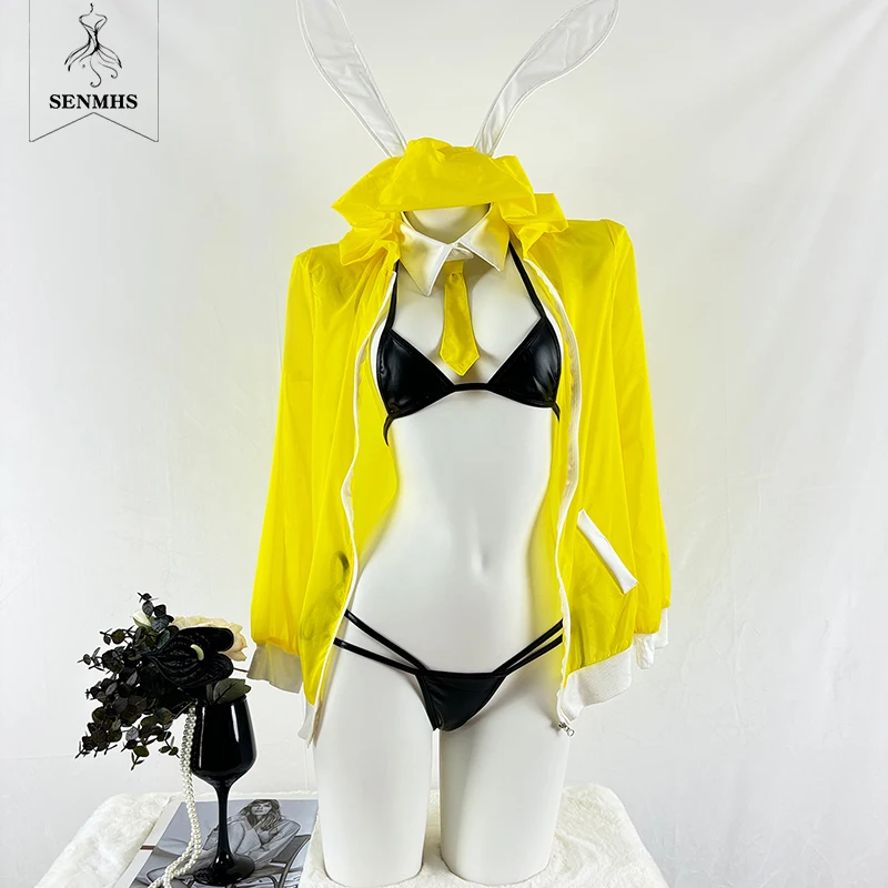 

SENMHS Original Sexy Bunny Bikini Hooded Coat Cosplay Lingerie Girl PU Leather Uniform Three Point Underwear Anime Halloween Set