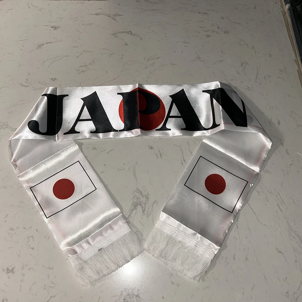 Japan Scarf 14x135cm Double-sided Printed Satin Japanese Flag Scarf Tassels Suitable for 2026 Football Cup, Sports, Events