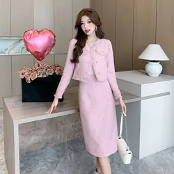 Koreae Tassel Jacket Skirt Two-piece Set Women Fashion V-neck Split Single Breasted Celebrity Solid Slim Chic Spring Female Suit