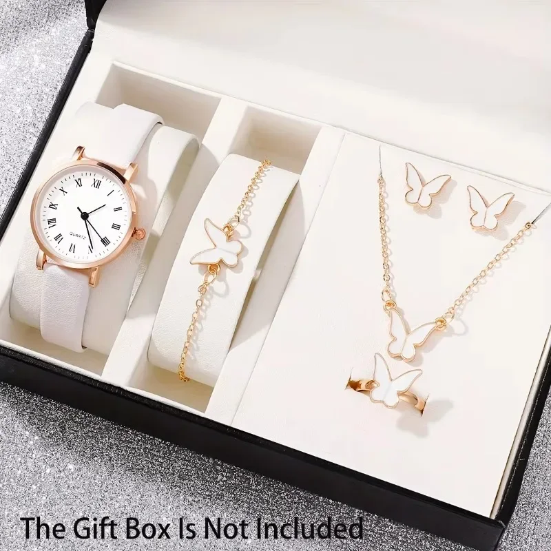 6pcs Simple Quartz Watches For Women White Pu Leather Wrist Watch With Butterfly Jewelry Set Great Gift For Her Mom Girlfriend