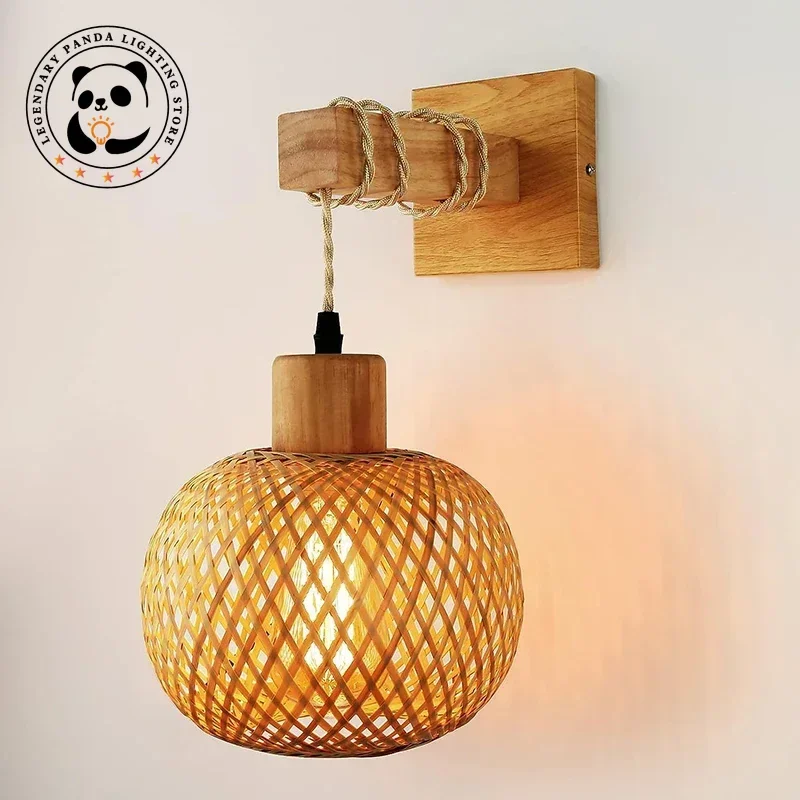 

Modern Retro Wall Lamp Hand-Woven Natural Bamboo Lampshades Chandeliers Parlor Bedroom Bedside Study Lofa Cafe LED Light Fixture