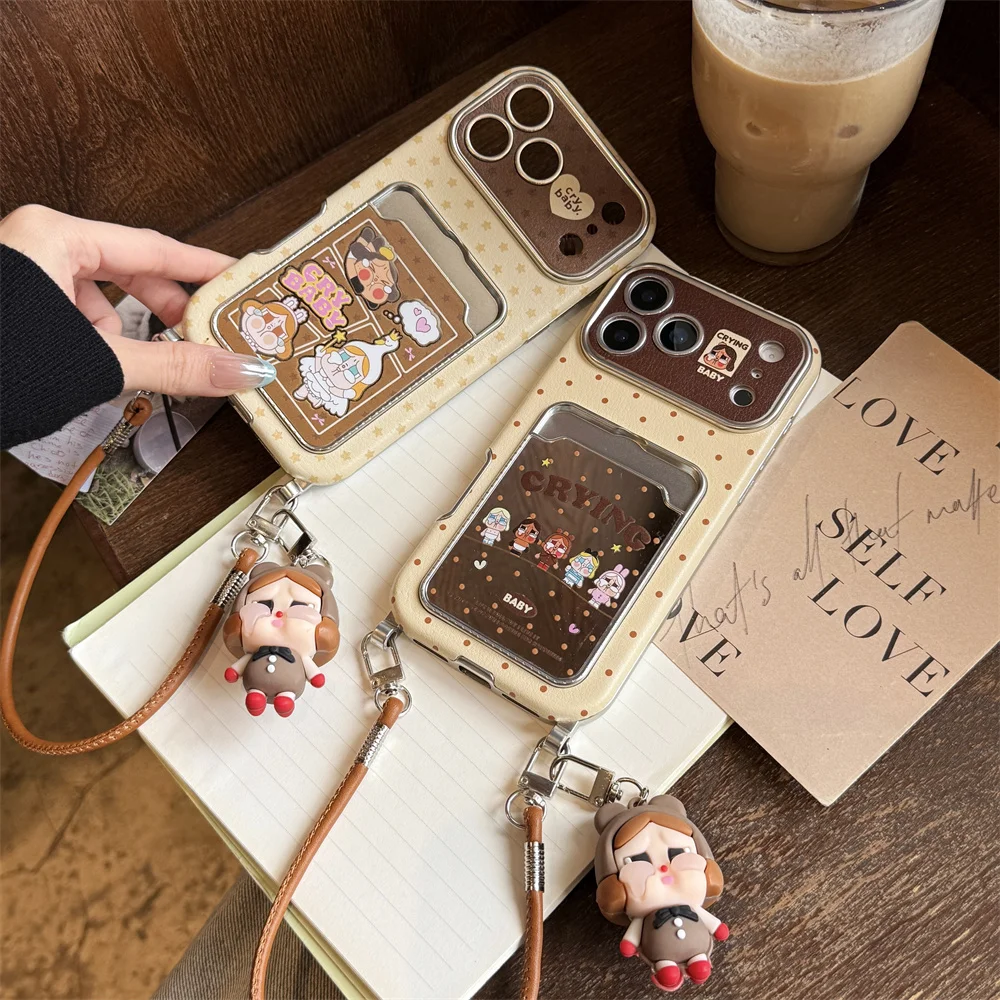 

Kawaii Cartoon Cry Girls Card Holder Phone Case For iPhone 16 Pro 14 15 17 Pro Max Cover with Hand Rope Cute Protective Cases