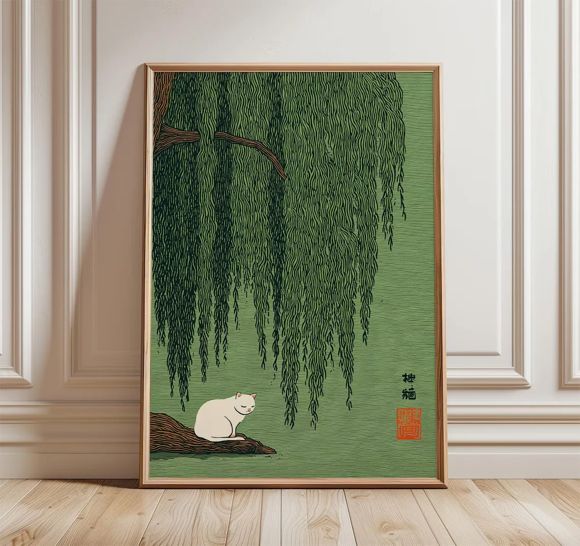 Japanese White Cat & Willow Tree Wall Decor Print - Perfect Gift for Cat Lovers, Fans of Japanese Culture, or Anyone Who Appreci