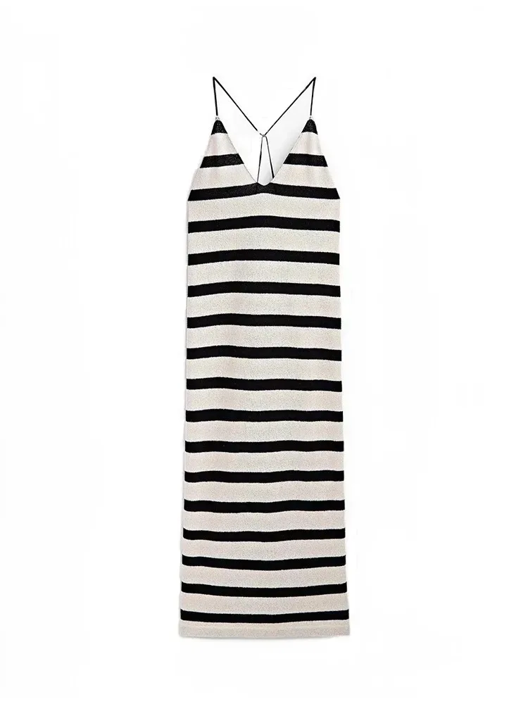Women's V-Neck Spaghetti Strap Midi Dress Fashion Elegant Stripe Printed Dress Sleeveless Casual Loose Midi Dresses
