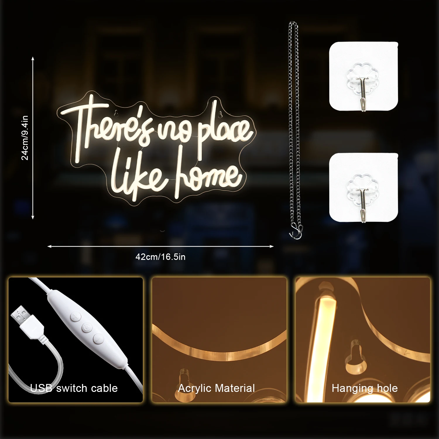 لا يوجد مكان مثل المنزل النيون Signr RoomWarm White لديكور الحائط لحفلات الزفاف المنزلية اتصال USB ديكور غرفة نوم 5/12 فولت