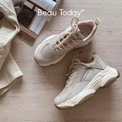 BeauToday – baskets en cuir et maille pour femmes, chaussures à plateforme, couleurs mélangées, à lacets, tendance, semelle épaisse, faites à la main, 29401