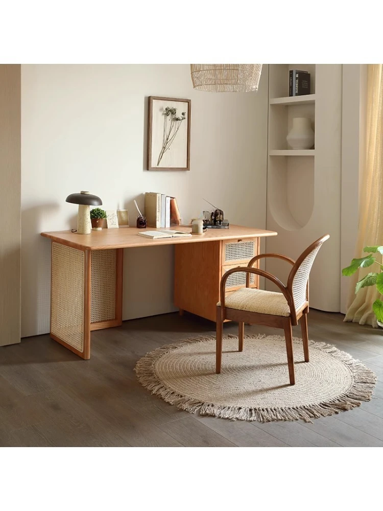 Solid Wood Desk Bedroom Rattan Writing Desk Small Apartment Simple Drawer Storage Computer Table furniture