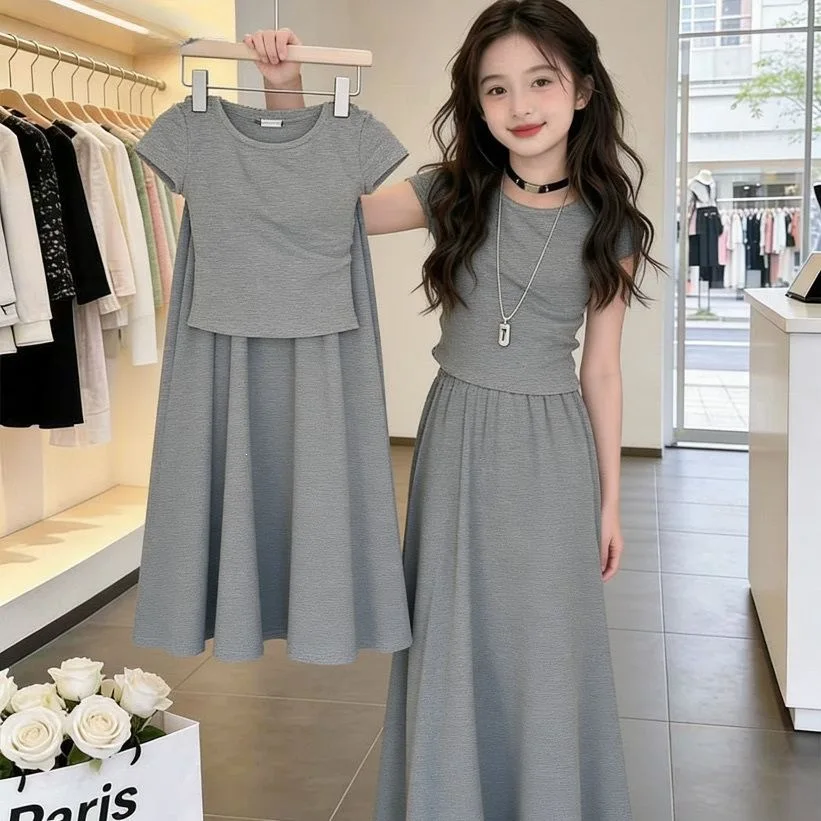 2026 Summer Girls Children Set Short Sleeeve Teenager Black Grey Slim T Shirt Crop Tops + Long Loose Skirt 4 To 10 12 14 Years