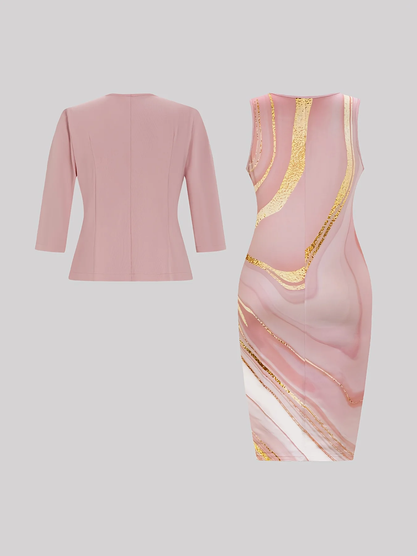 Autumn and winter styles vacation style Pink background With Gold Stripes crew neck dress suit