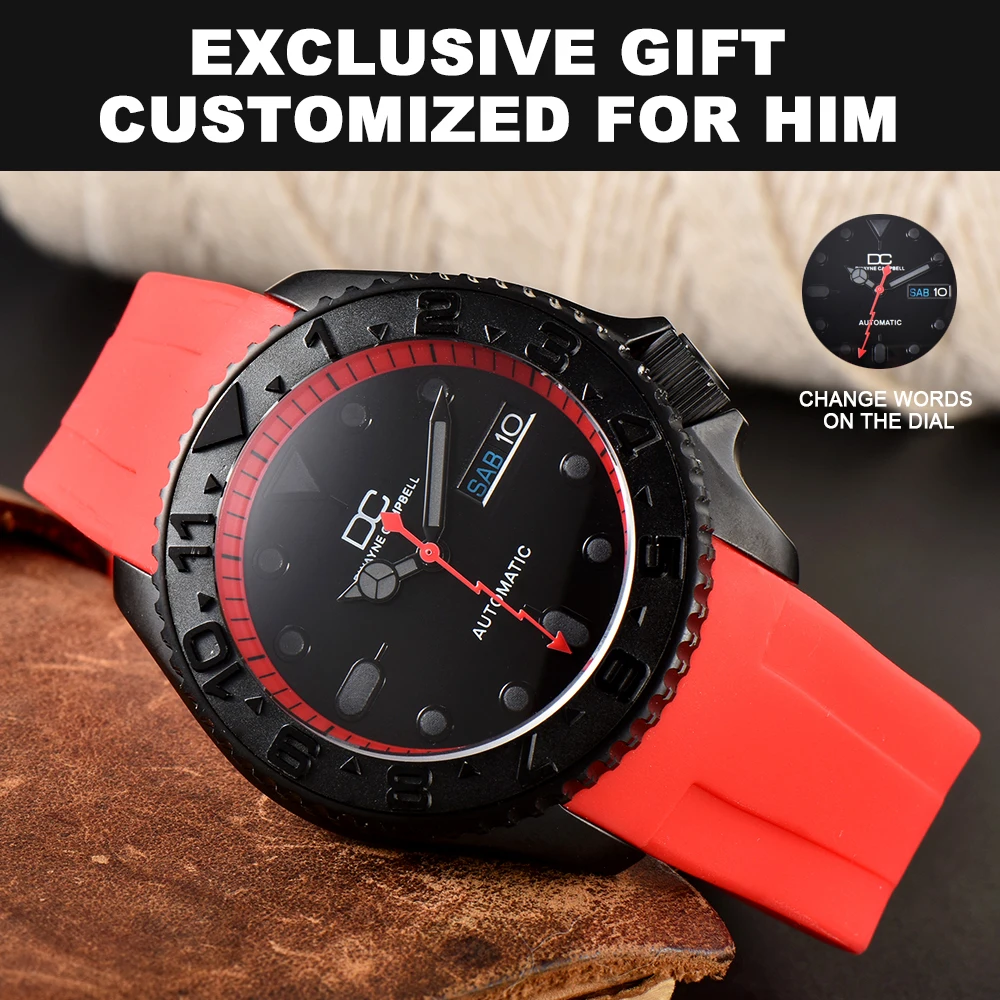 Custom Nh36 42Mm Heren Polshorloge Saffier Hoesje Rood Automatisch Herenhorloge 22Mm Bandje Gratis Verzending