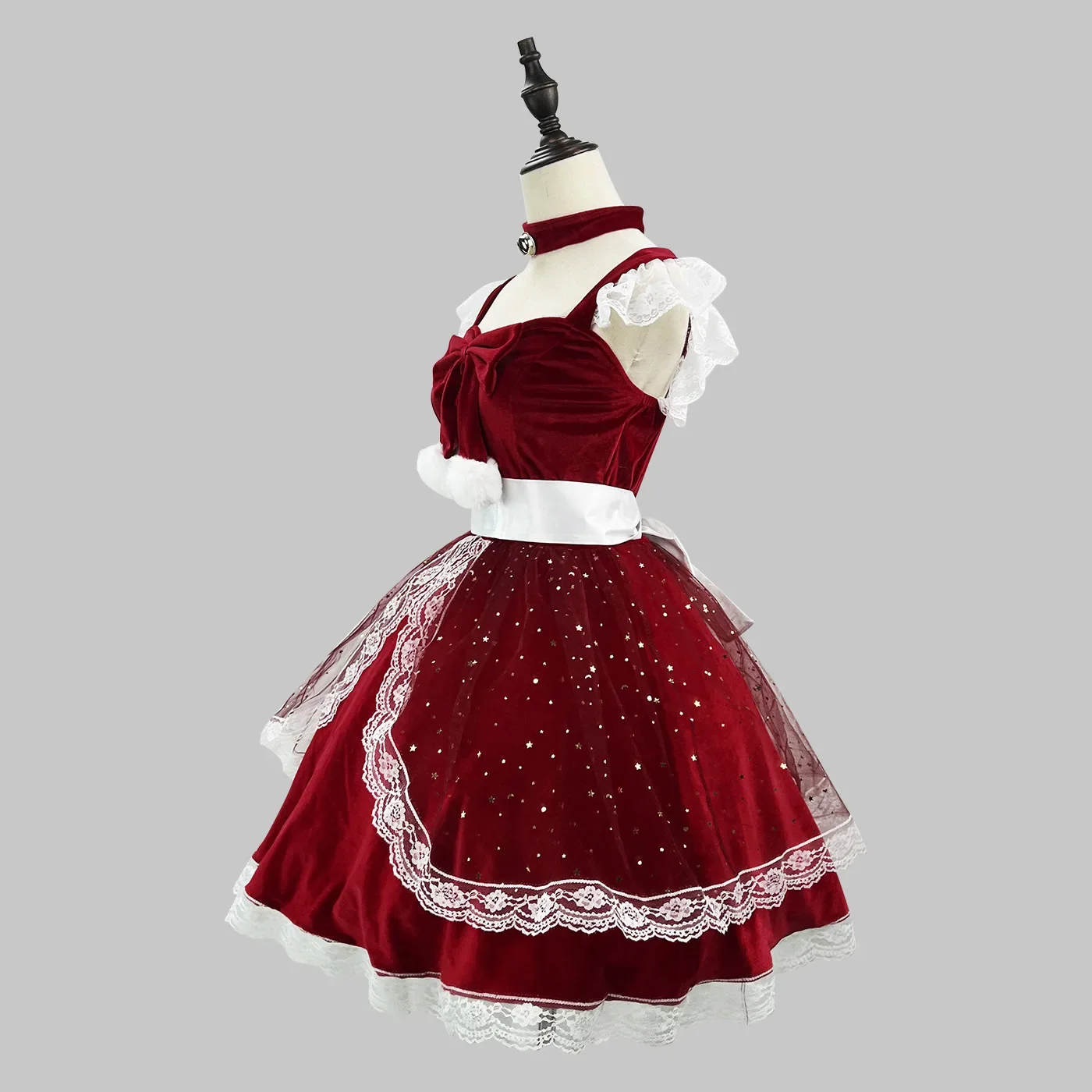 Sweet Lolita-Robes rouges de Noël en dentelle pailletée avec étoile, boule de princesse vintage élégante, quel que soit l'uniforme de cosplay de Noël et du Nouvel An