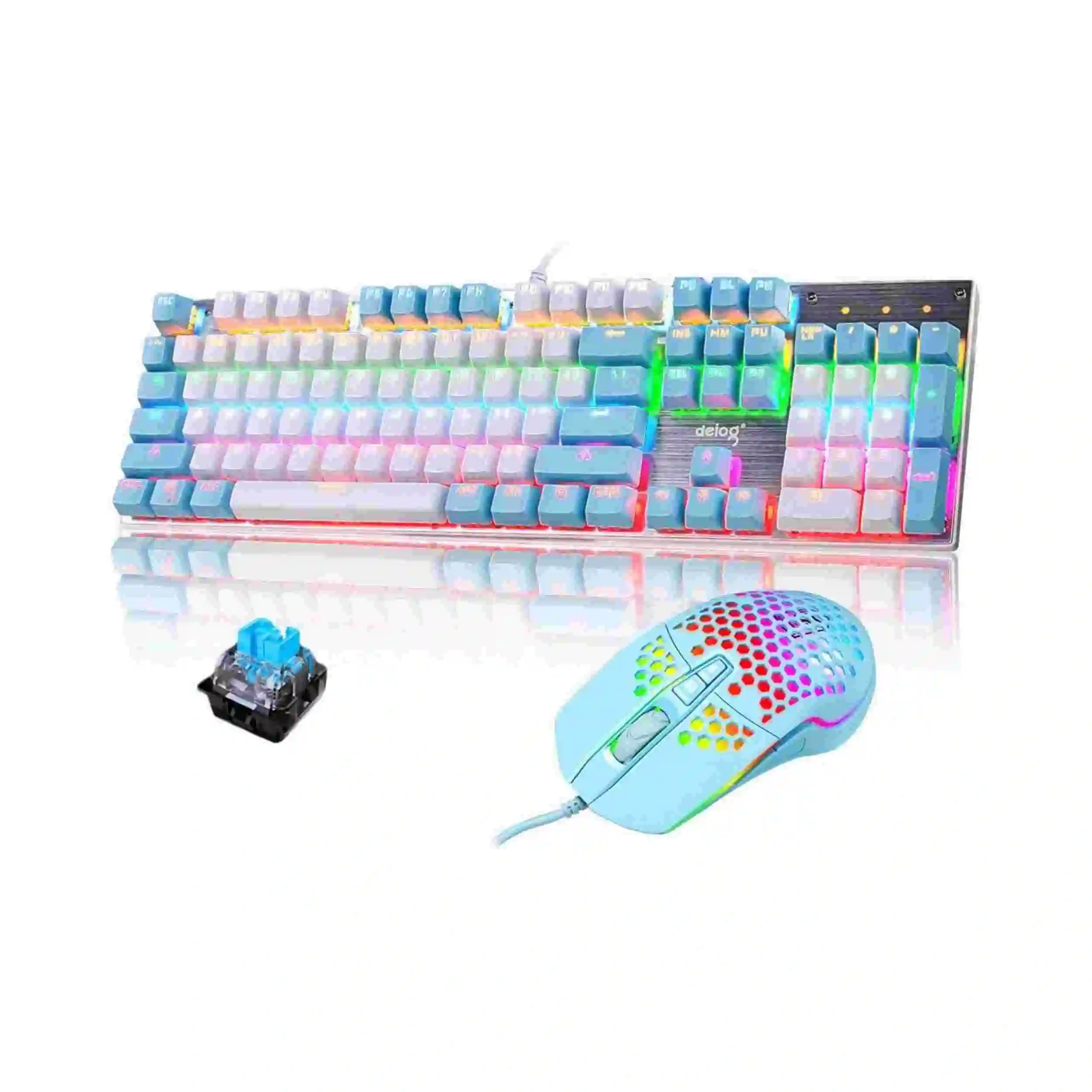 Wired Mechanical Gaming Keyboard Blue Switch 104 Keys RGB Rainbow LED 9 Backlight Modes Full Anti-ghosting Silver Metal Panel