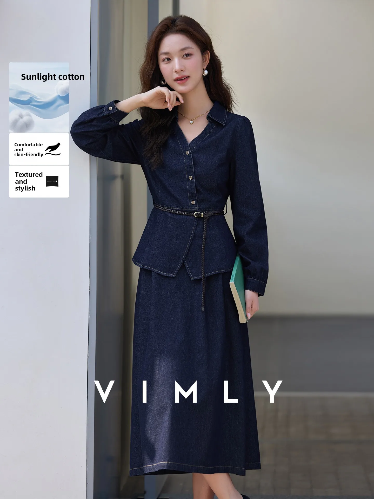 

Spring Commuter Women's Denim Skirt Set Waist-Cinching irt f-Skirt Two-Piece Suit Casual Sle Cotton Blend Long Sve ...