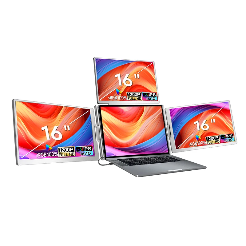 Recommend Model FHD 1920*1200 16 Inch Trifold Laptop Monitor One Cable for Three Displays Portable Monitor for Windows and MacOS