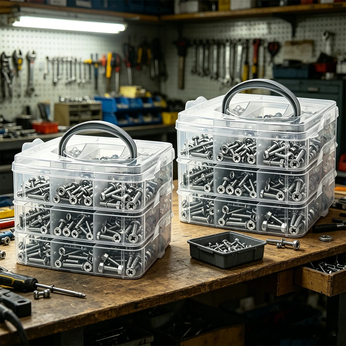 

2pcs stackable hardware storage box with three layers of screws bolts parts desktop organization and detachable handheld box