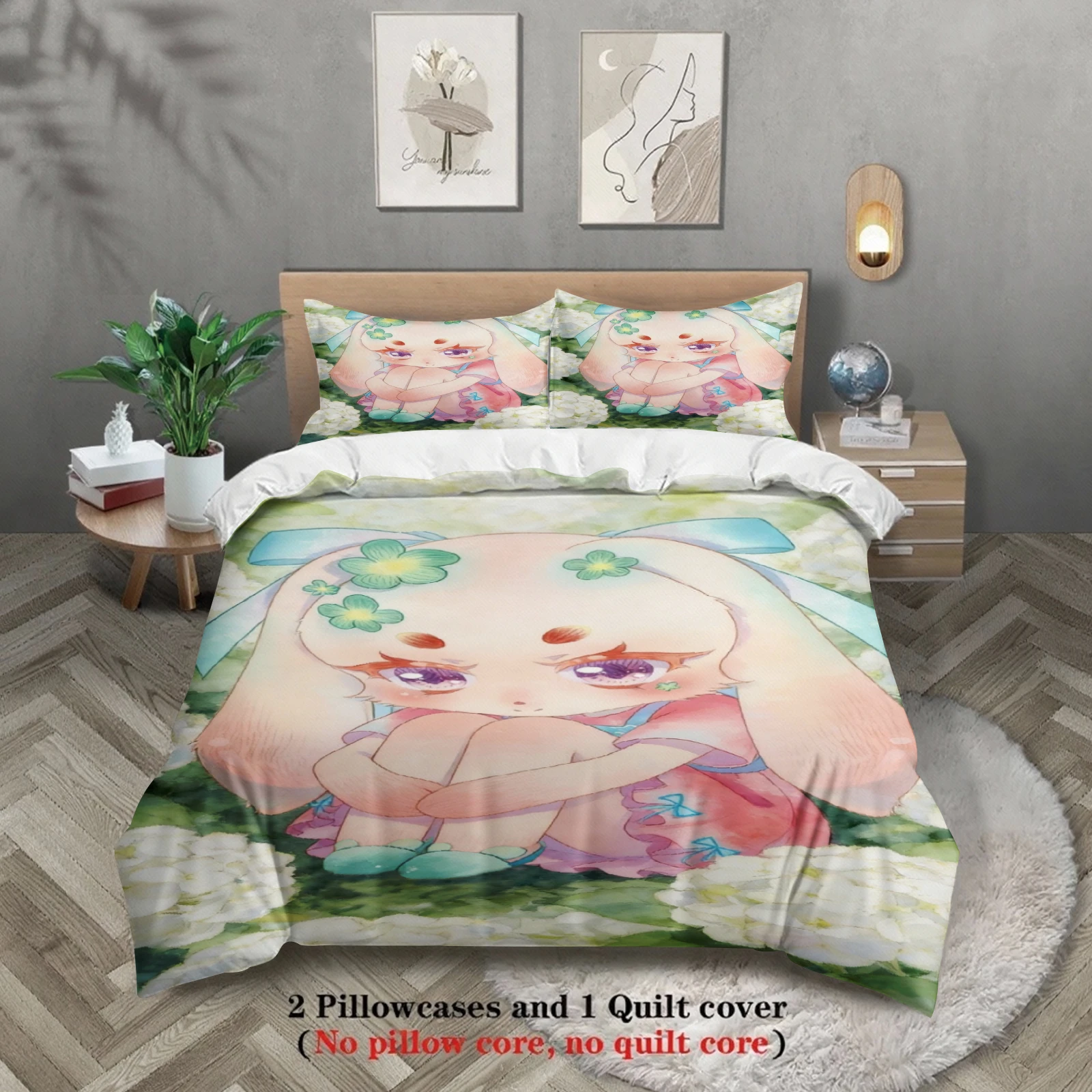 Softville Cozy Town 3PCS Bedding Sets Lop Rabbit Resting In Flower Grassla Pint Duvet Cover No filling Cartoon Style Queen Size