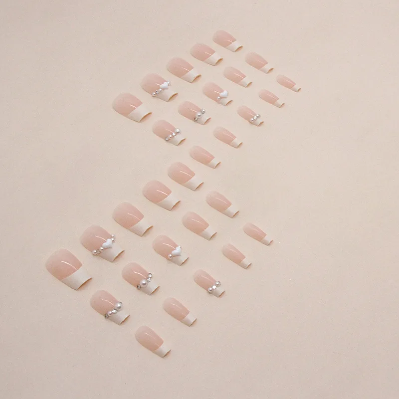 Uñas postizas coreanas para niñas, manicura acrílica de Punta francesa, color crema, Perla blanca, Ballet corto, 24 piezas