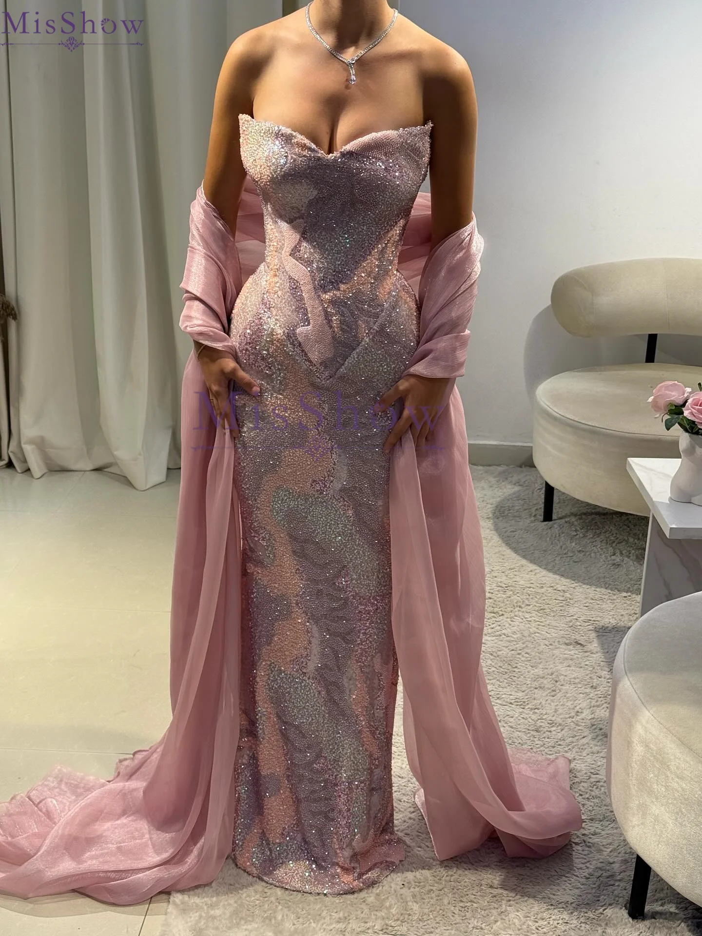 Vestido de noite sem alças com lantejoulas brilhantes, sexy, rosa, tubo, costas nuas, vestidos de sereia com xale transparente, luxo, arábia