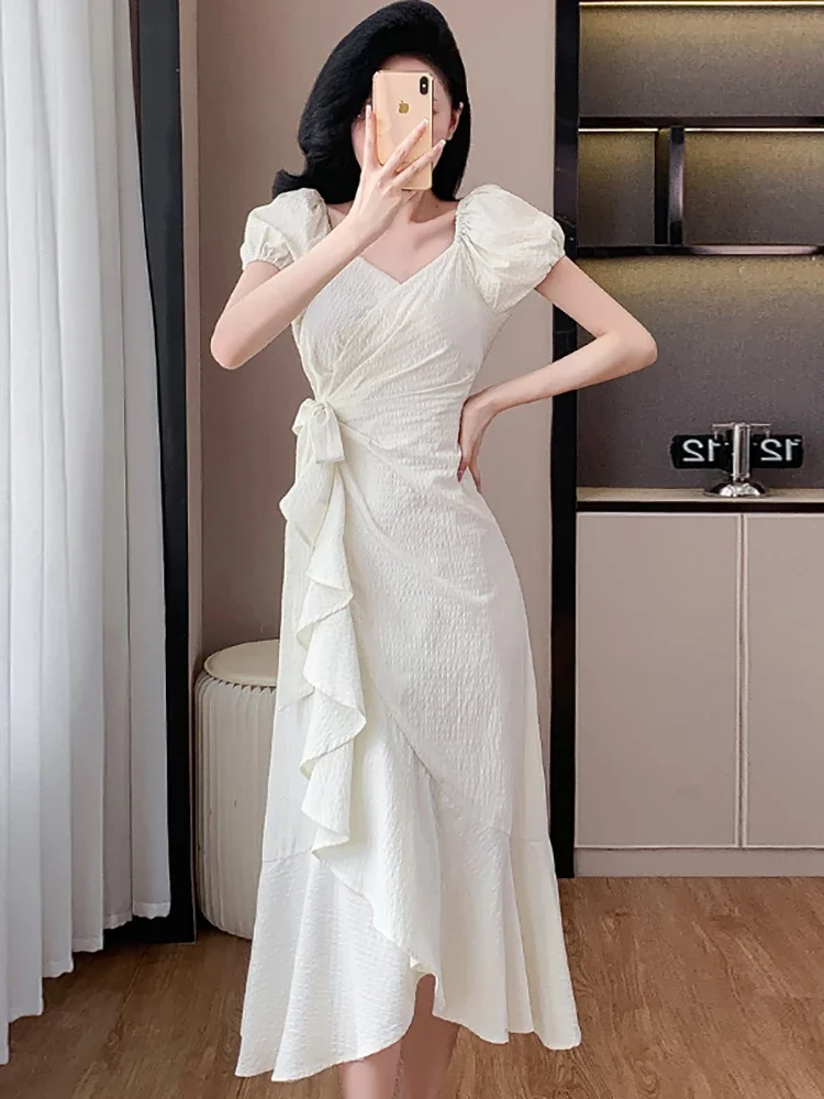 Women Elegant Bow Bandage Long Dress Summer White Bodycon Chic Ruffled Slit Long Dress 2024 Korean Fashion Luxury Evening Dress