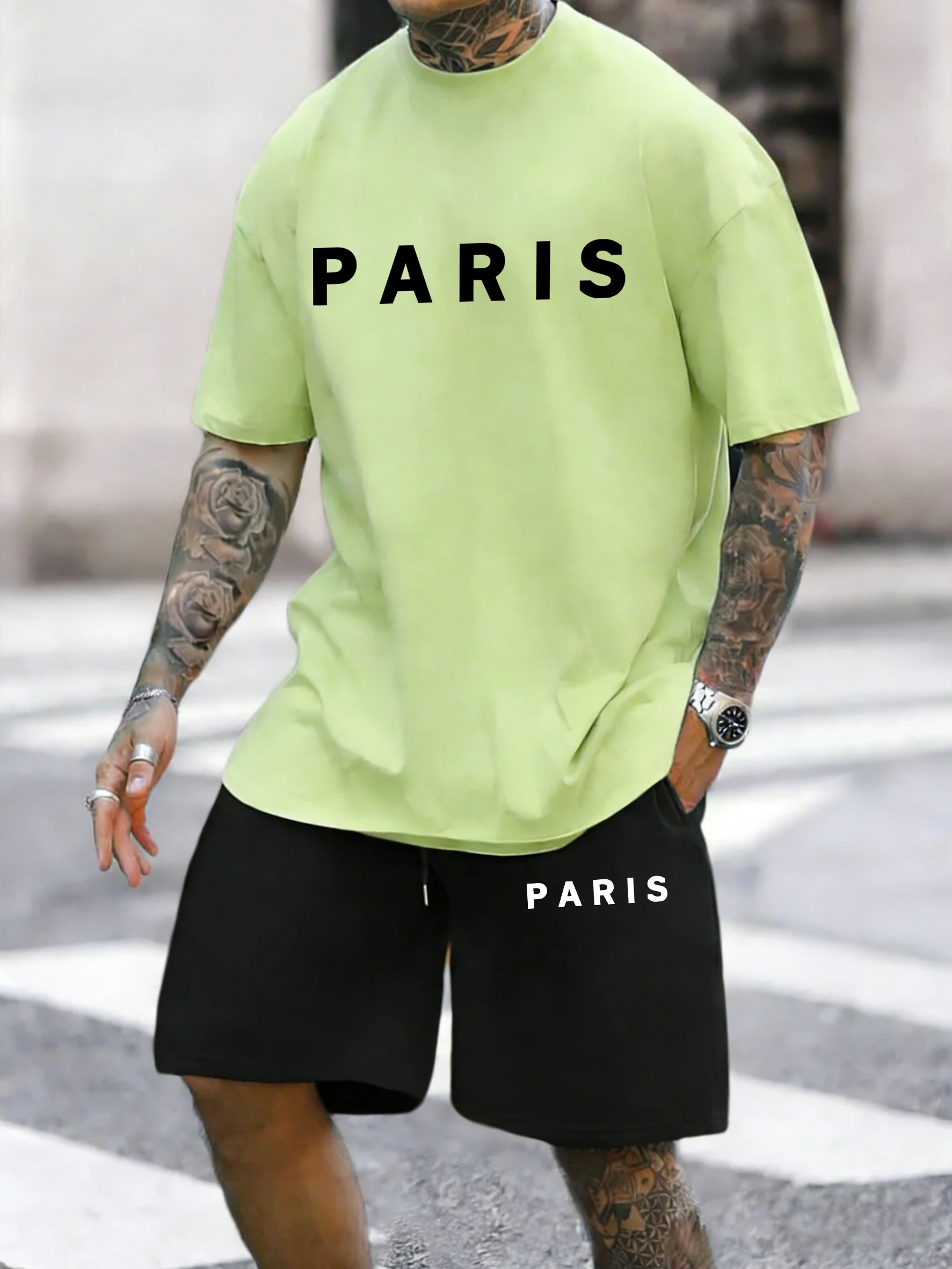 

Bold Font Paris Pattern Cotton Summer Soft Tees Set Man'S Running New Short Sleeve Drawstring Sport Pants Beach Swimming Trunks