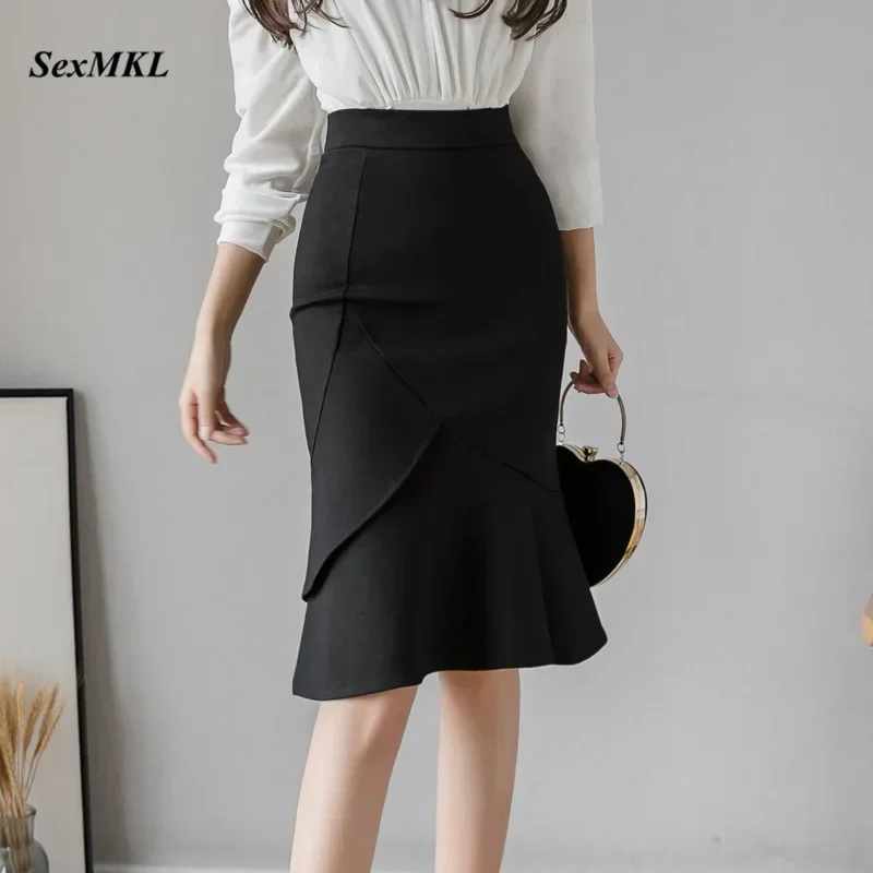 Oversized Ruffles Black Skirts Womens 2025 Korean Fashion High Waist Pencil Skirt Women Clothes Elegant Office Bodycon Red Skirt