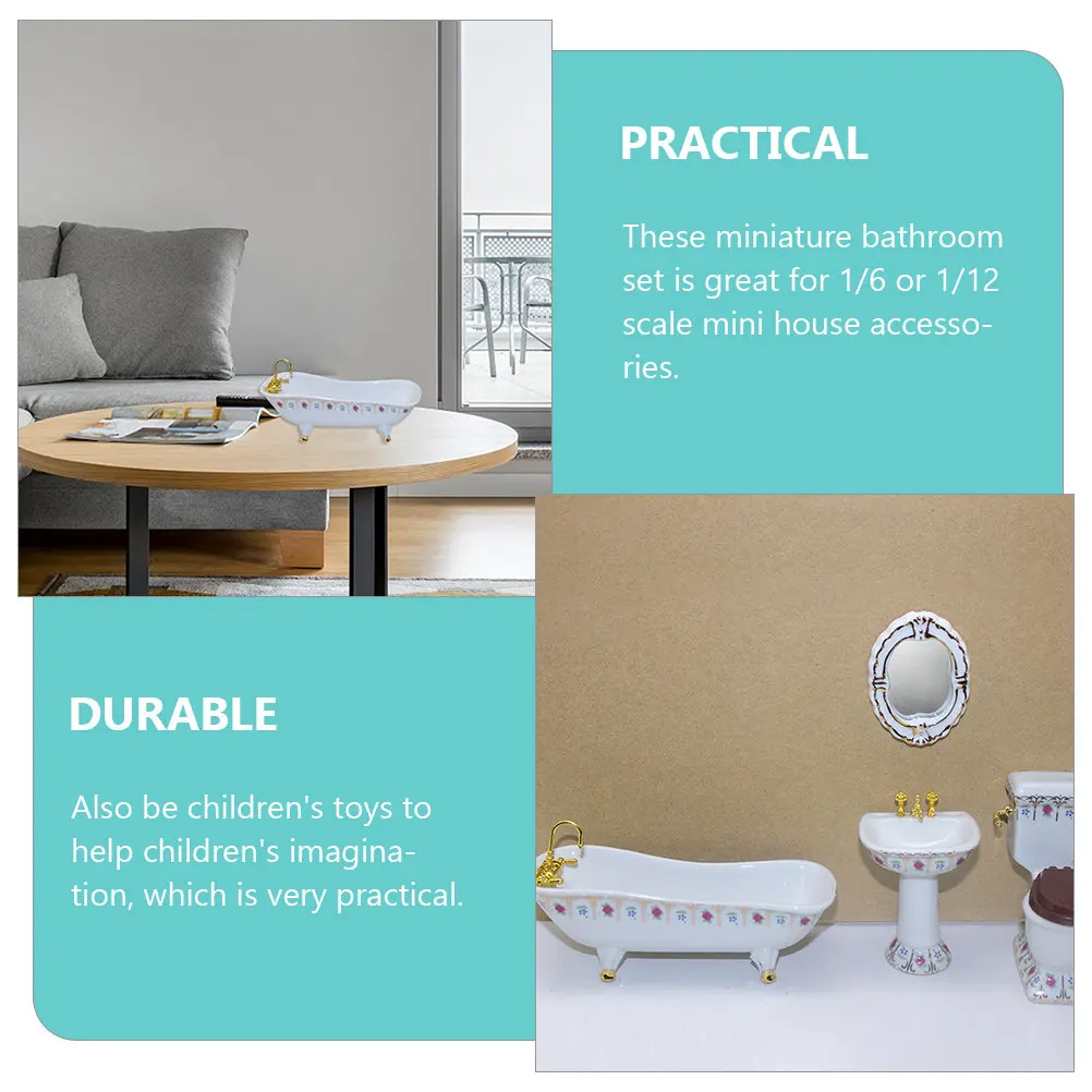 

Набор из 4 миниатюрных фарфоровых предметов для ванной комнаты: керамический унитаз, ванна, зеркало. Миниатюрная мебель для кукольного домика, аксессуары для мини-ванной, декор для дома.