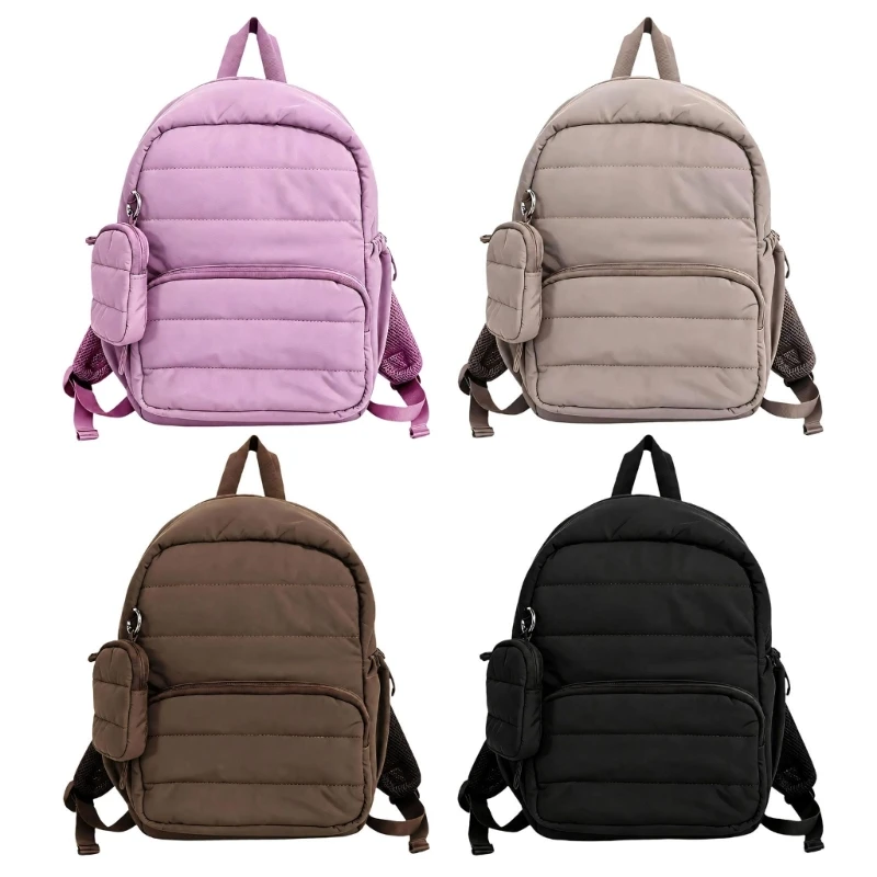 Women Quilted Nylon Small Backpack with Front Pocket, Compact Daypack with Mini Hanging Case for Daily Commute and Casual Trips