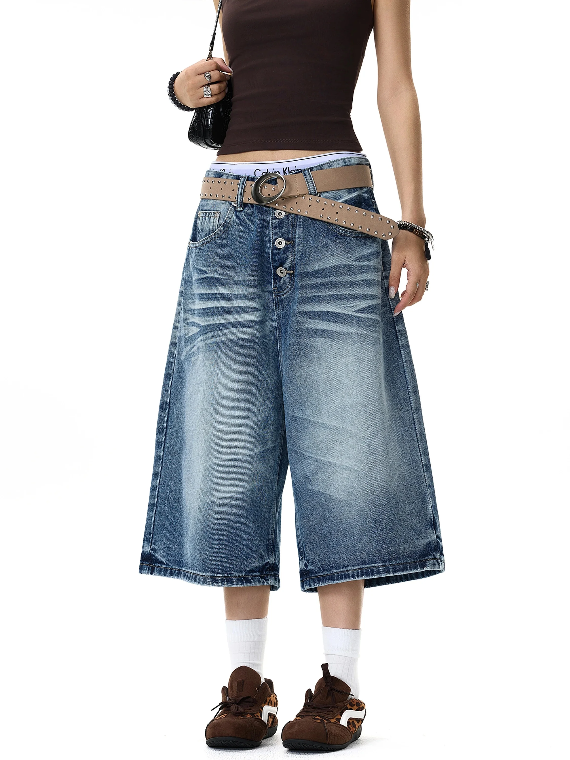 Retro American Washed Single Button Design Denim Seven-Foot Loose Casual Wide Leg Shorts Trendy mid Waist Polyester Cotton Blend