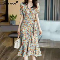 Elegant Fashion Floral Print Ruffles Belt Dresses Summer 2022 New Short Sleeve V-Neck Loose Pullover Midi Dress Women's Clothing