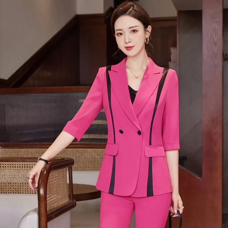 Pink Wanita setelan Blazer celana wanita musim semi kantor wanita bisnis pakaian kerja Fashion gadis Formal elegan mantel celana gaun Prom