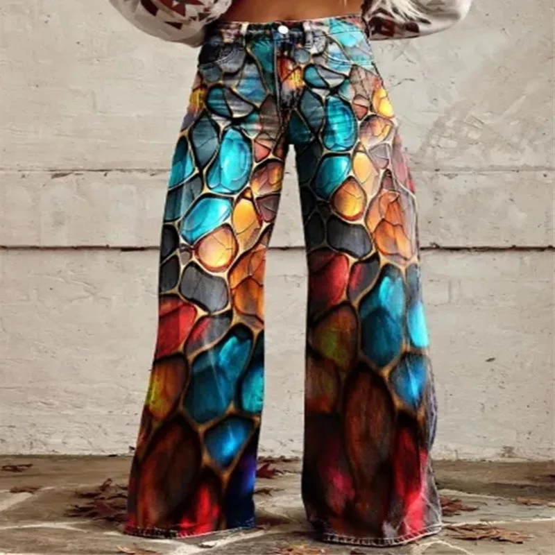 Casual Color Printed Women's Pants 2024 Summer Retro Graffiti High Waist Button Wide Leg Pants Commuter Versatile Large Pants