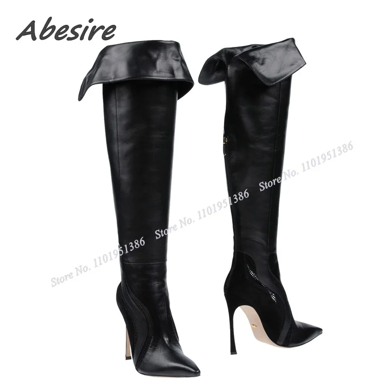 

Abesire Black Turn Over Boots Back Zipper High Heels Shoes for Women Solid Knee High New Botas Fashion Runway Shoes on Heels