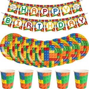 Bloques de construcción fiesta de fiesta de cumpleaños Copas de papel platos manteles coloridos bloques de construcción suministros para fiestas para niños para niños 12 mejores decoraciones de cumpleaños de Lego de ventas - №11
