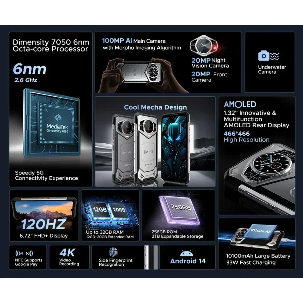 DOOGEE S200 5G Rugged Smartphone Octa Core 1.32" AMOLED Rear Display 12GB+256GB 100MP Camera 10100mAh 33W Android14 NFC Phone