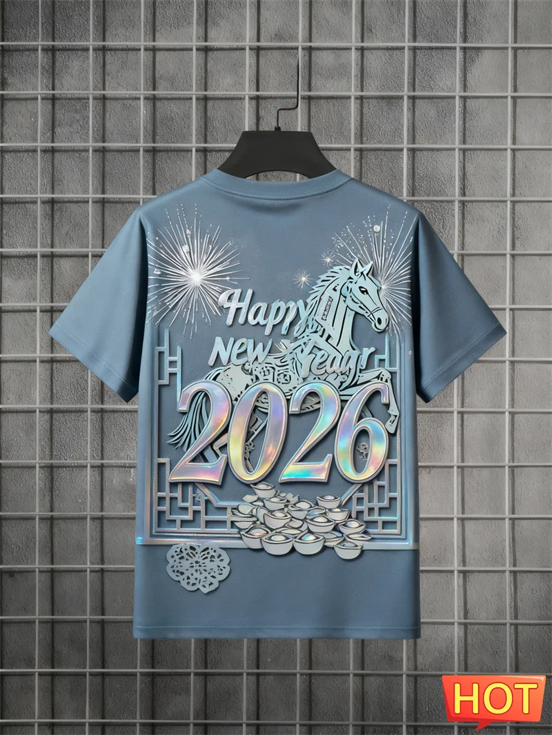 

Fashion Happy New Year 2026 Letters Horse Pattern T Shirt Trendy Men Women Short Sleeve 3D Printed T-shirt Casual Oversized Tees