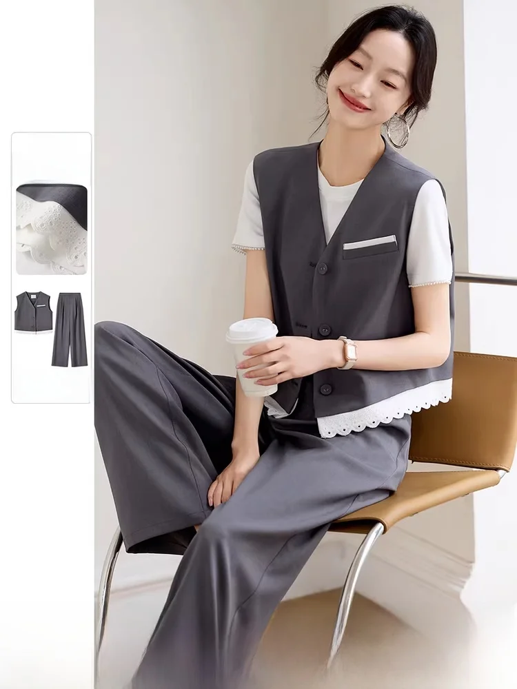 

Spring Commute Set Women's High Waist Straight Leg Pants Vest Two Piece Suit Casual Fashion Polyester Fiber V Neck Button