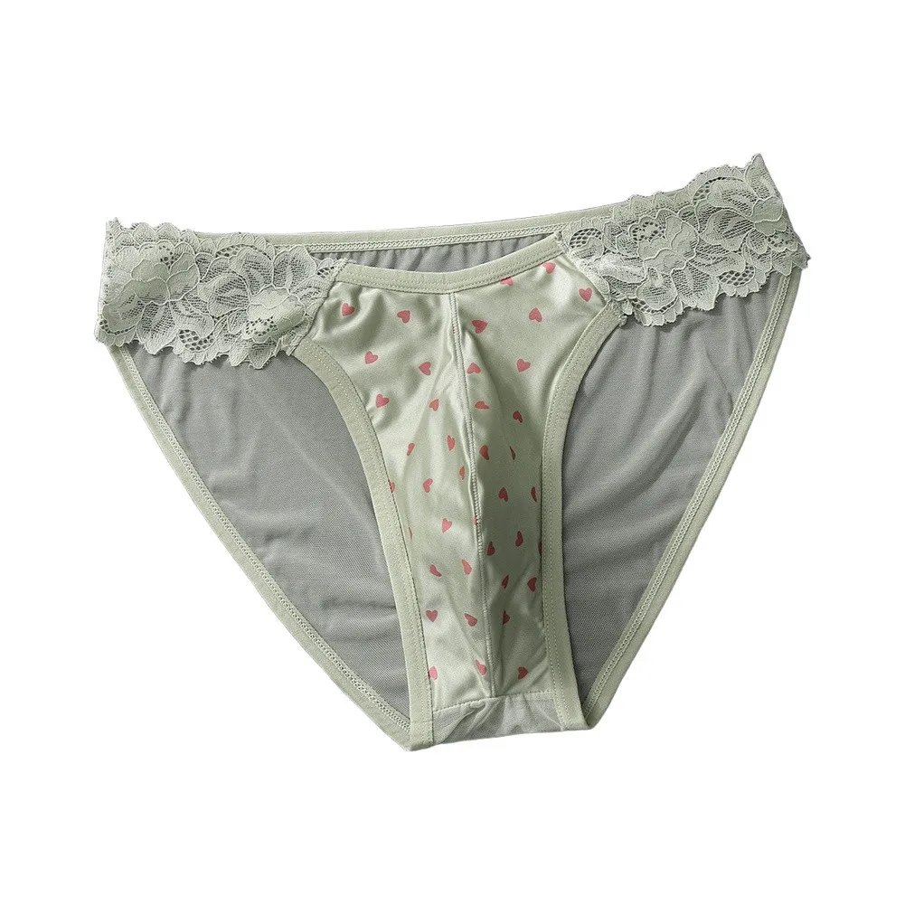 1pc Men Lace Ice Silk Briefs Mesh 3D Bulge Pouch See Through Sissy Underwear Breathable Comfortable Low-Waist Panties