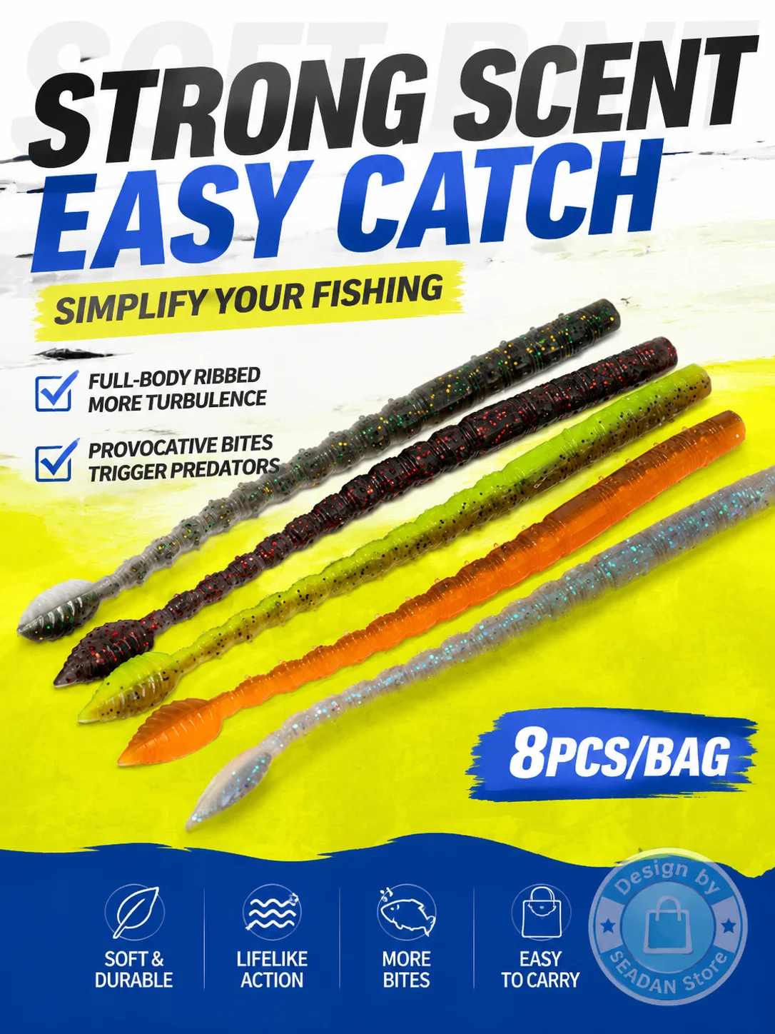 Hopeblaze Floating Leaf Tail Senko Worm 11cm 8 Stück TPE Salzduft Weichköder für Wacky Neko Texas Rig Bass Zander Barsch Forelle – Detail 9