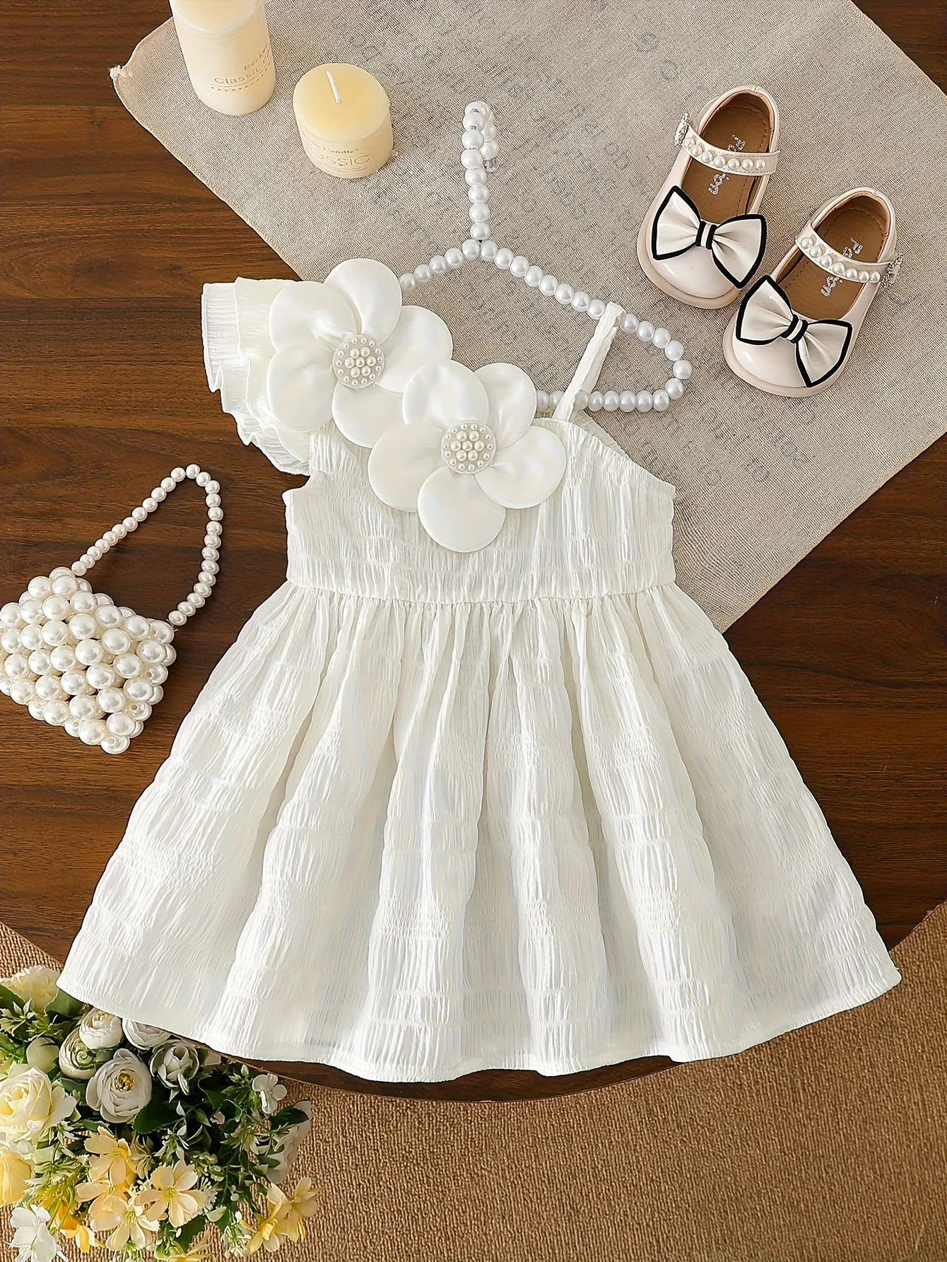 

Summer New Baby Girl Sling Dress White Ruched Big Flower Decor - Valentine's Day Gift & Baby Girl Birthday Present