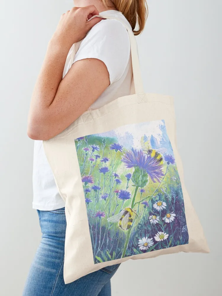 

painting by Laura Rispoli happy bees thistles daisies knapweed Tote Bag Beach bag Women's shopping bag Lady bags custom tote