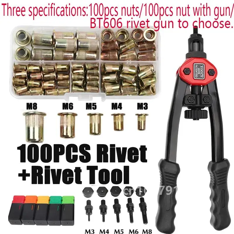 100pcs Rivet Nut +Hand Threaded Rivet Nuts Gun BT606 M3 M4 M5 M6 M8 Double Insert Manual Riveter Gun Riveting Rivnut Rivet Tool